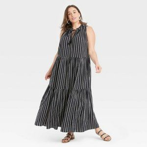 Sleeveless tiered maxi dress - 3X, black & white polka dot
